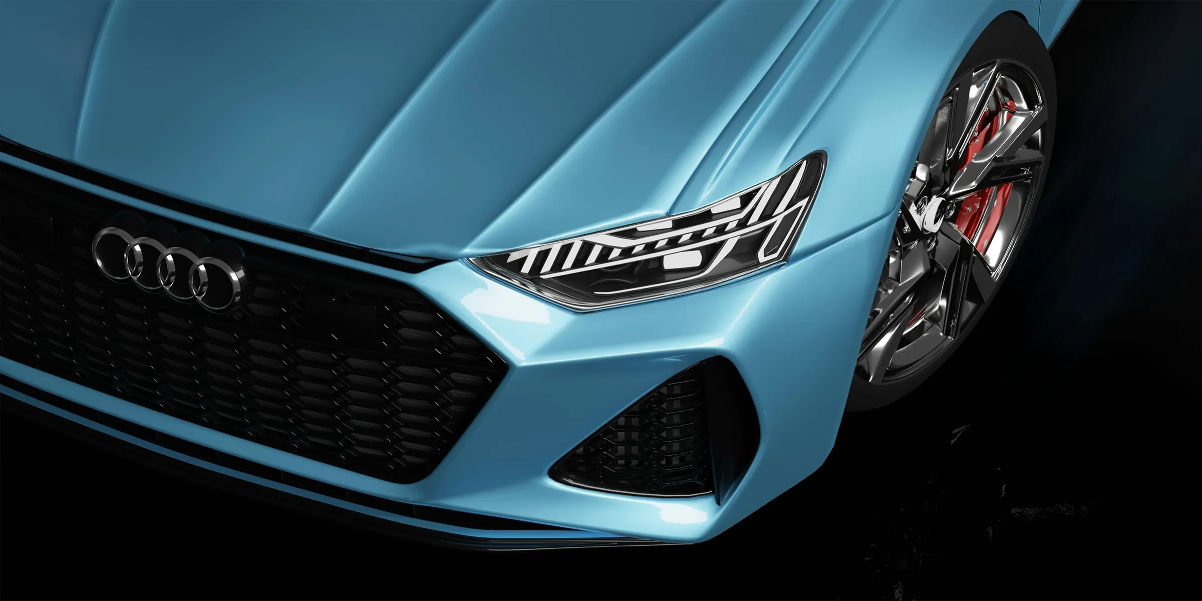 Audi grille and headlight close-up in metallic teal